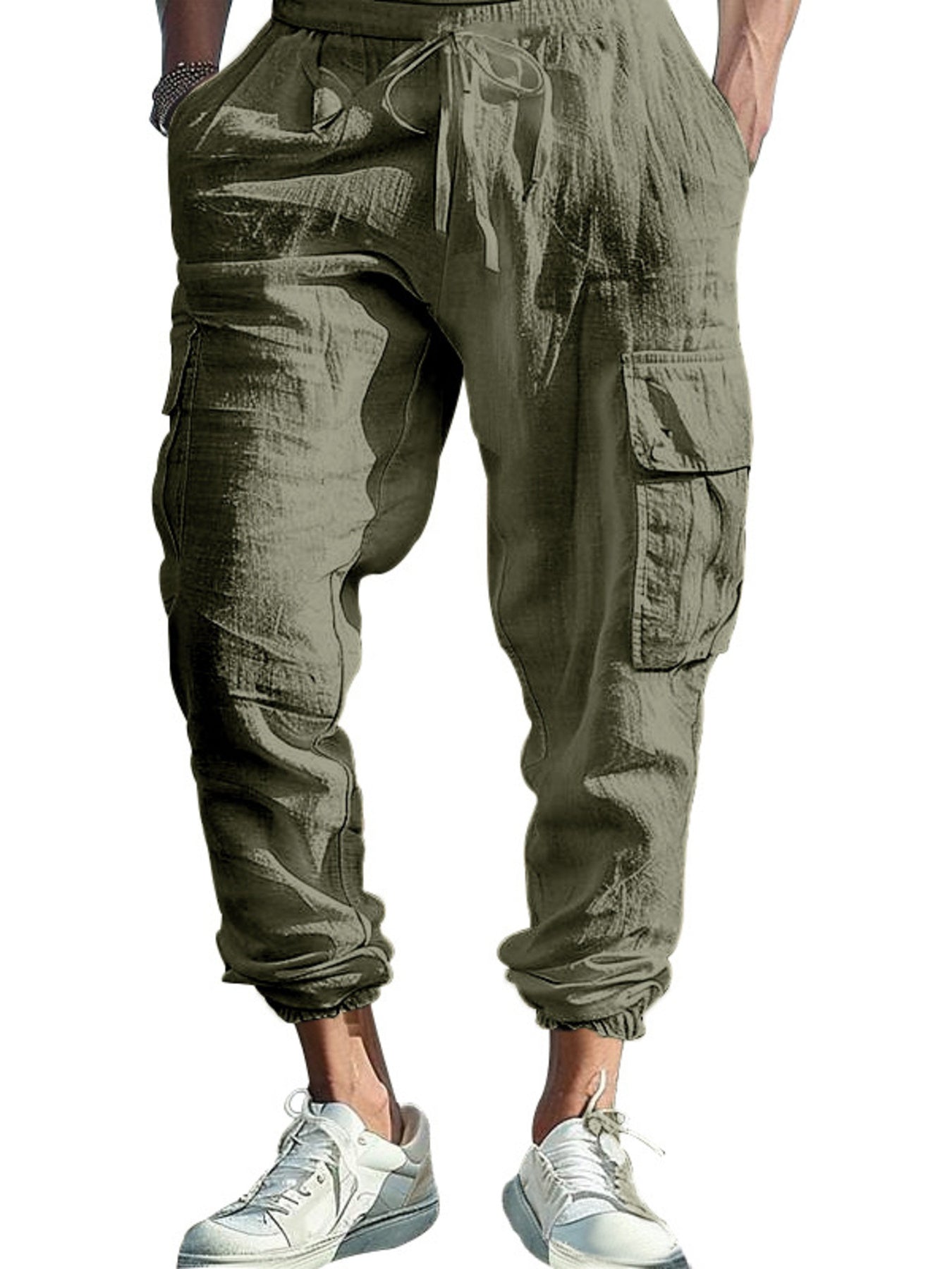 Men's black full-size casual cargo pants with drawstring waist, plus size, from Trendsi, showing front view with relaxed fit