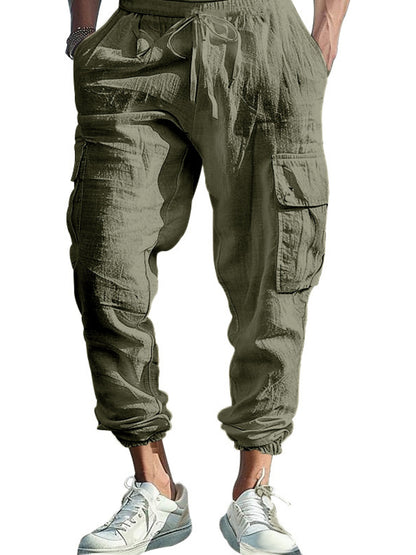 Men's black full-size casual cargo pants with drawstring waist, plus size, from Trendsi, showing front view with relaxed fit