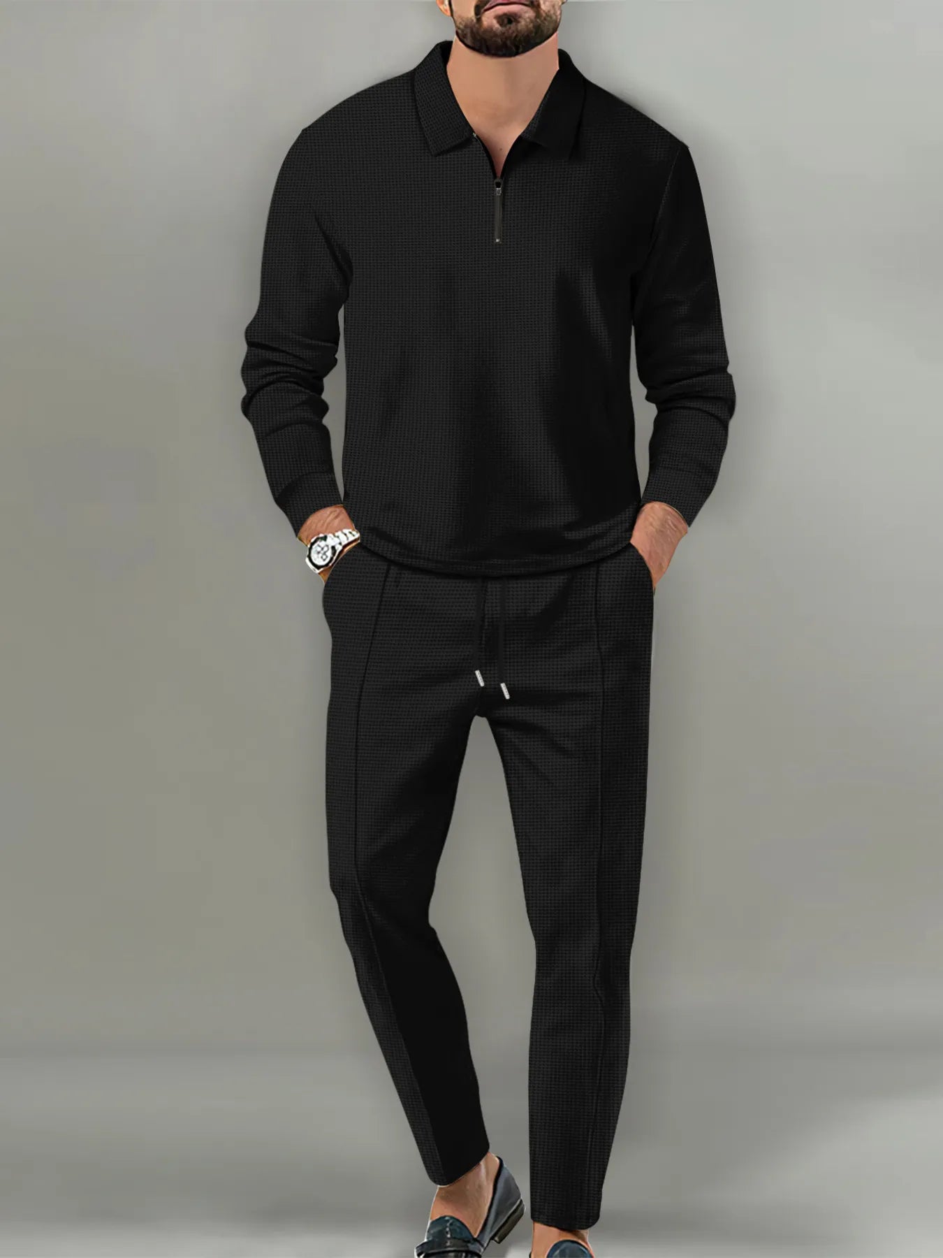 Plus size men's long sleeve top and pants set in black, comfortable casual clothing by Trendsi.