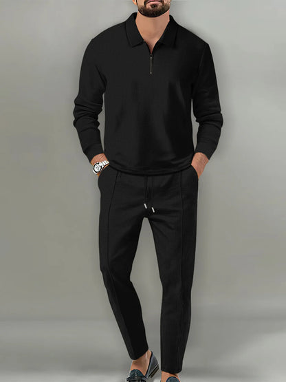 Plus size men's long sleeve top and pants set in black, comfortable casual clothing by Trendsi.