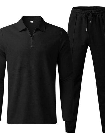 Plus size men's long sleeve top and pants set by Trendsi, black full-length casual loungewear outfit.