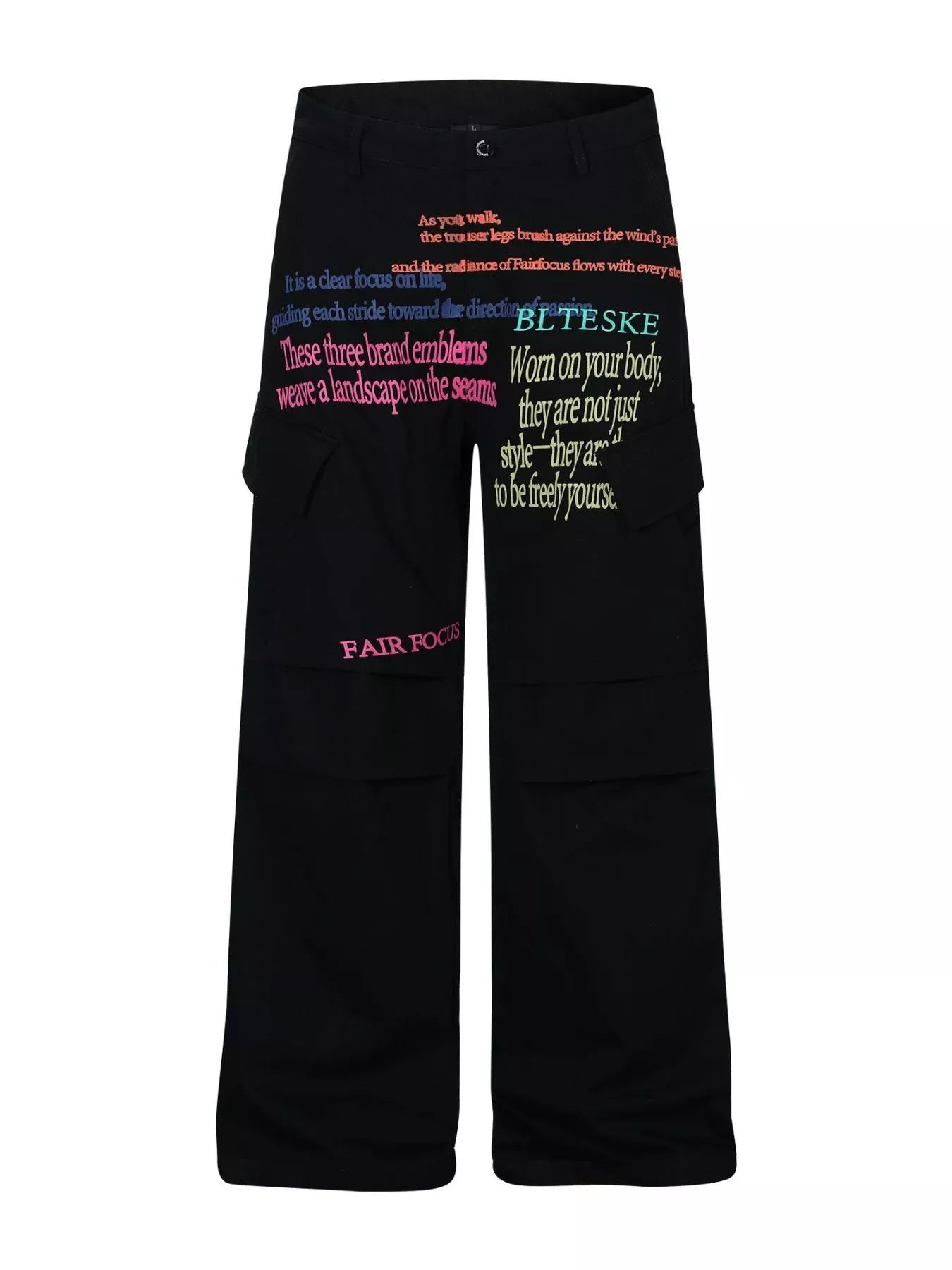 Men's black printed cargo pants from Trendsi, featuring multiple pockets and a relaxed fit, shown on a male model.