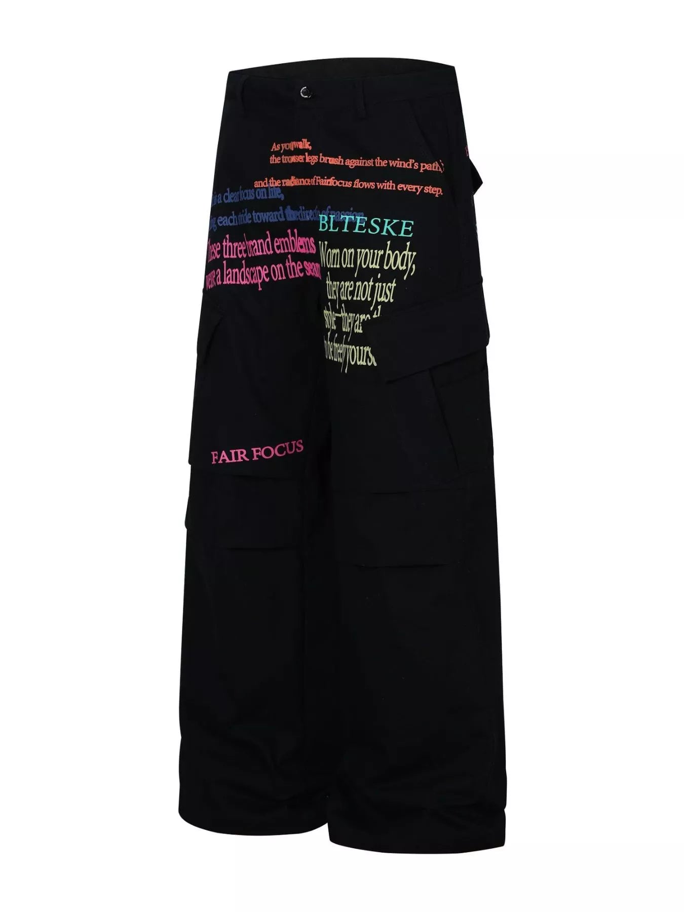 Men's black printed cargo pants by Trendsi, showcasing the stylish design with multiple utility pockets and comfortable fit.