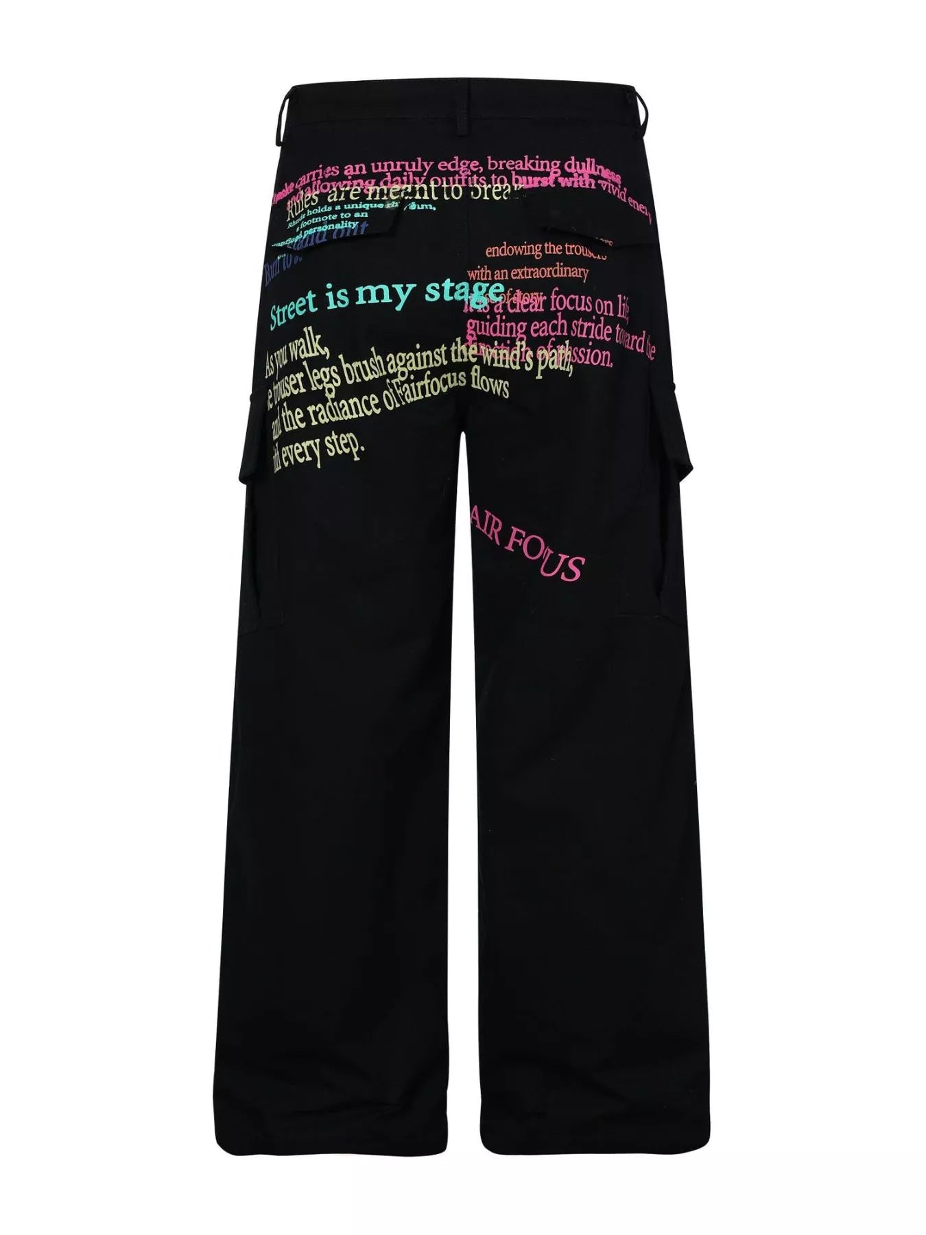 Men's black printed cargo pants by Trendsi, featuring multiple pockets and a relaxed fit, shown on a model.