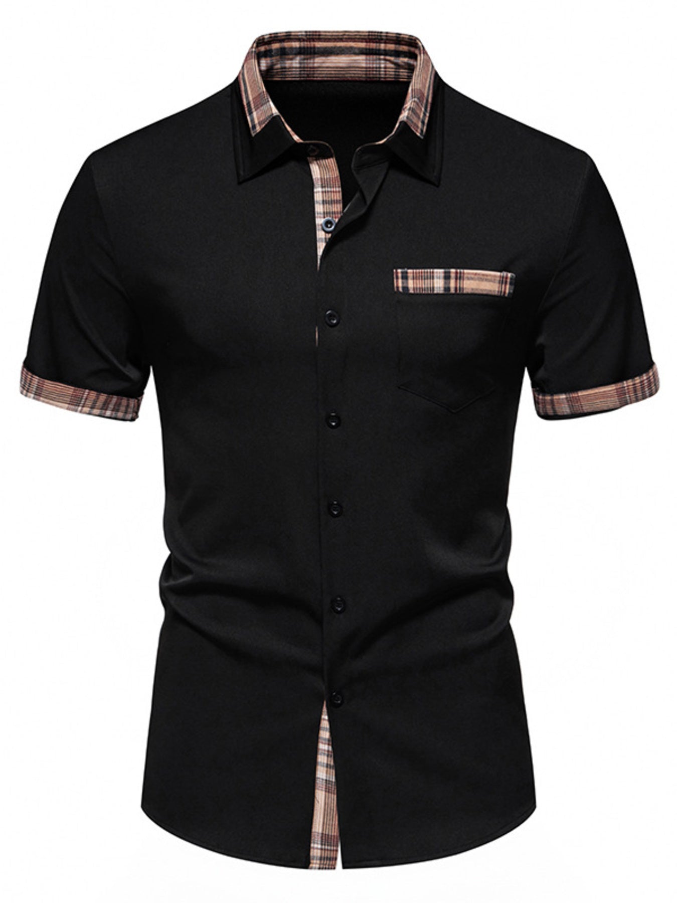 Men's short sleeve plaid trim shirt by Trendsi in black, featuring a classic plaid pattern and casual fit.