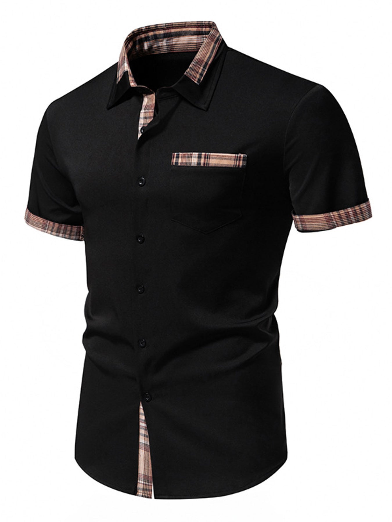 Men's black short sleeve plaid trim shirt by Trendsi, featuring a classic button-up design with plaid accents.