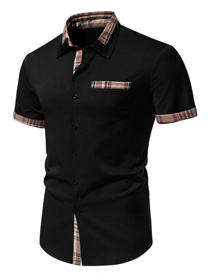 Men's black short sleeve plaid trim shirt by Trendsi, featuring a classic button-up design with plaid accents.