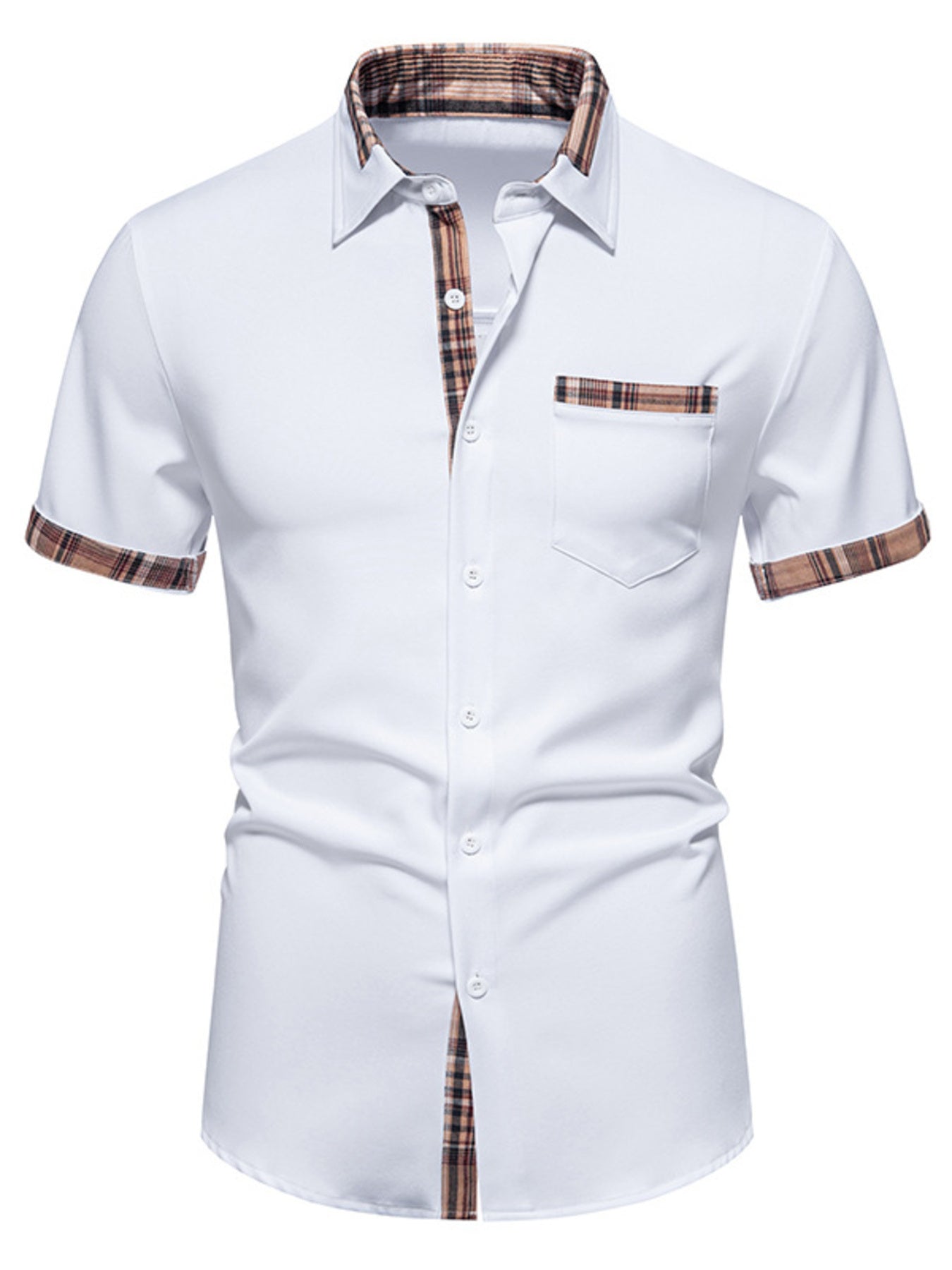 Men's black short sleeve plaid trim shirt by Trendsi, featuring a classic plaid design and casual fit.