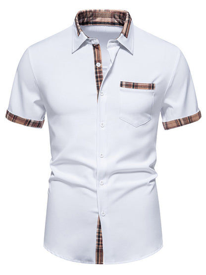 Men's black short sleeve plaid trim shirt by Trendsi, featuring a classic plaid design and casual fit.