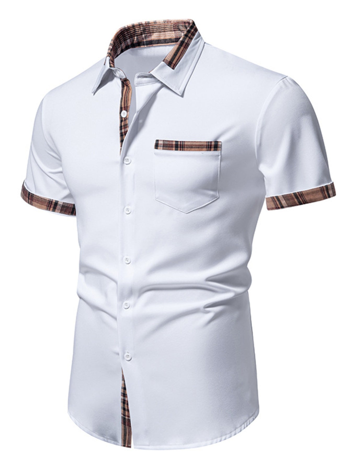 Men's short sleeve plaid trim shirt by Trendsi, black with plaid accents, casual fit, and classic collar, front view.