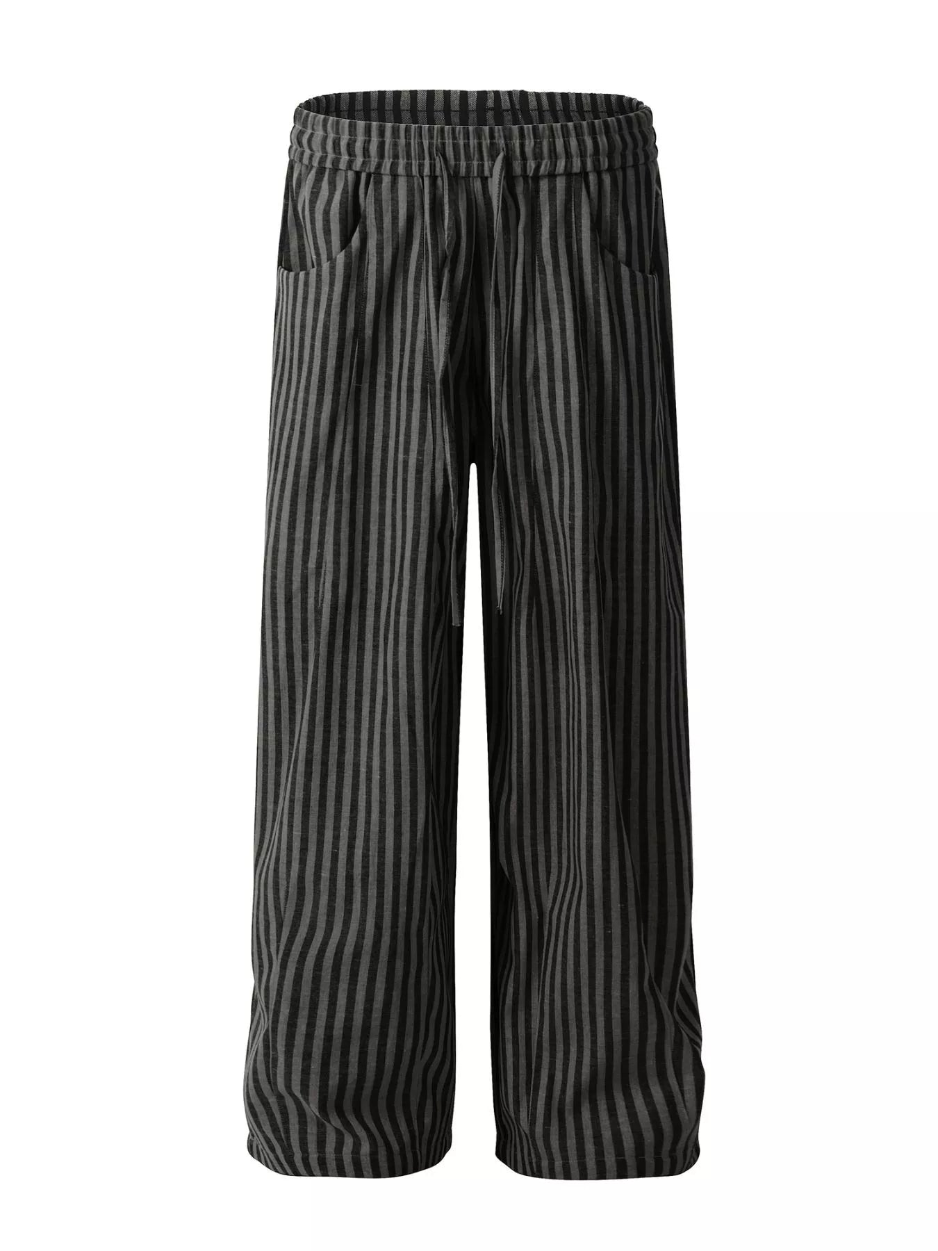 Men's black striped casual drawstring pants from Trendsi, featuring a relaxed fit with adjustable waistband and comfortable fabric.