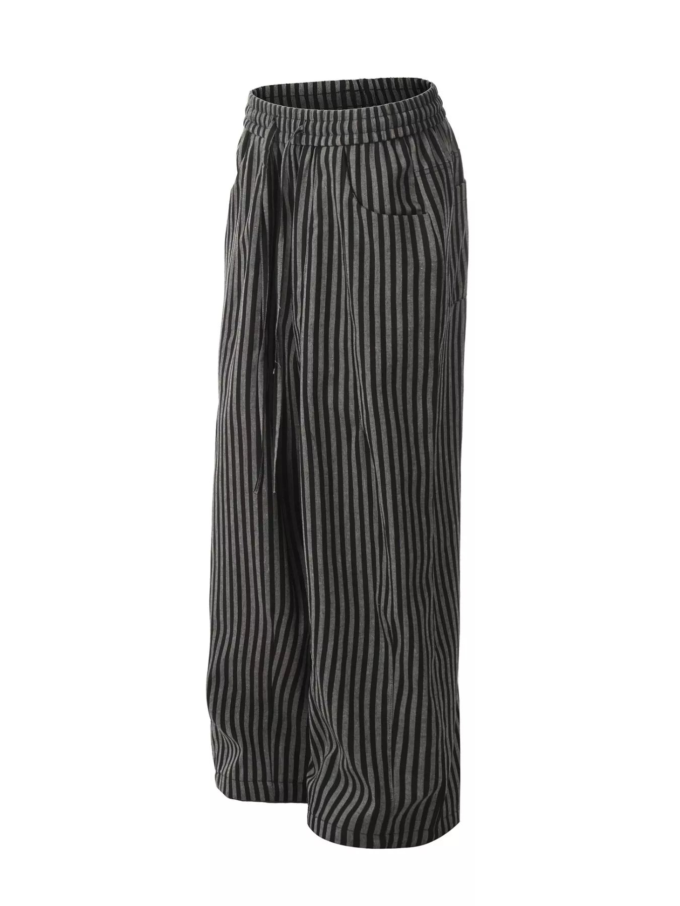Men's black striped casual drawstring pants from Trendsi, featuring a relaxed fit and comfortable waistband for everyday wear.
