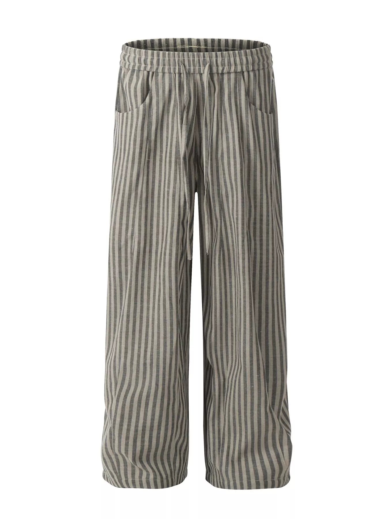 Men's black striped casual drawstring pants by Trendsi, featuring a relaxed fit and comfortable waistband, shown on a model.