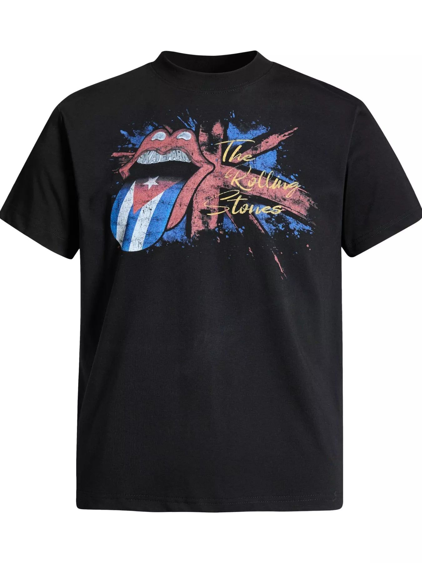 Men's black The Rolling Stones tongue graphic T-shirt by Trendsi, featuring a bold rock band logo on the front.