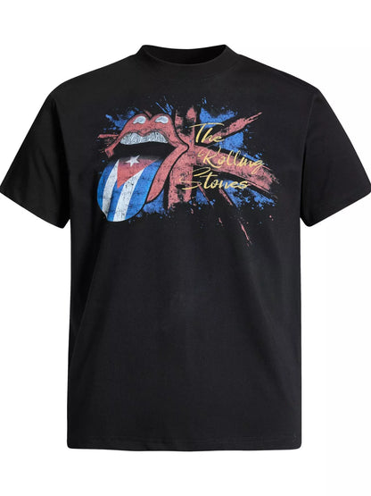 Men's black The Rolling Stones tongue graphic T-shirt by Trendsi, featuring a bold rock band logo on the front.