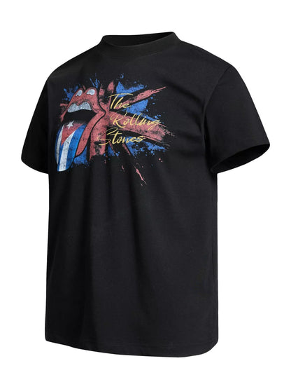 Men's black The Rolling Stones tongue graphic T-shirt by Trendsi, featuring a bold band logo on the front.