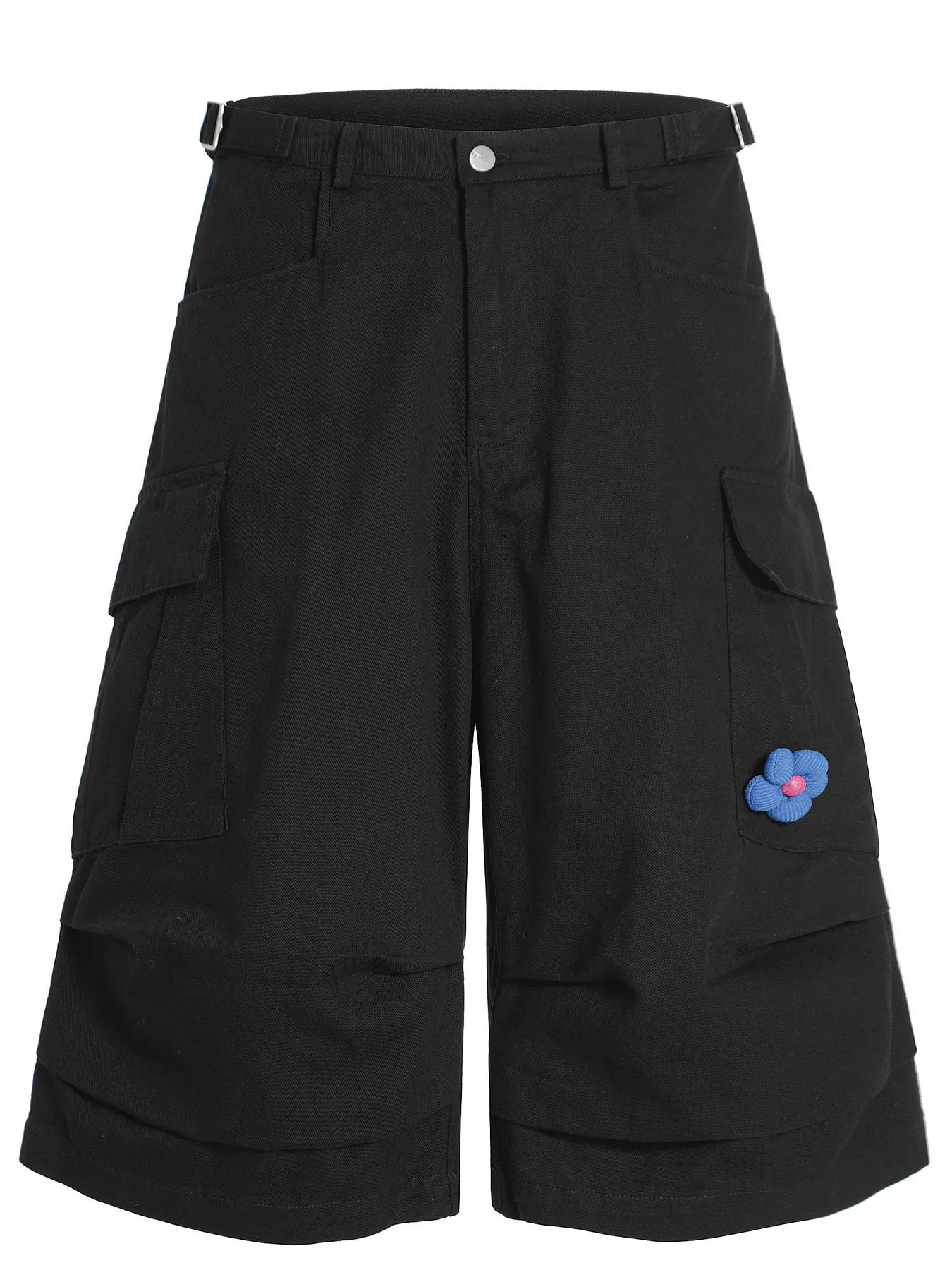 Men's black wide-leg cargo shorts with flower patch detail, casual style, designed by Trendsi.
