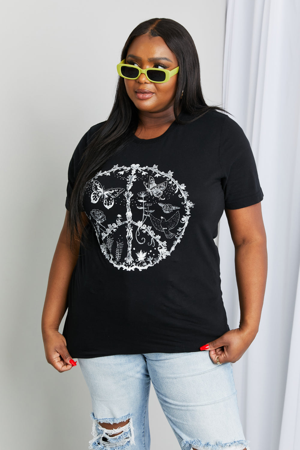 Black mineB full-size butterfly graphic tee shirt by Trendsi, featuring a large colorful butterfly design on the front.