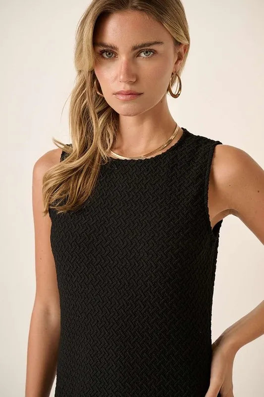 Black Mittoshop sleeveless dress with side slit and round neckline, perfect for casual or dressy occasions.