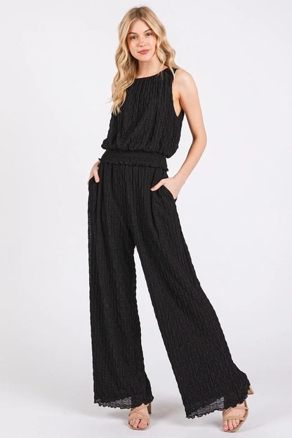 Black Mittoshop textured stretchy crop tank and pants set, casual loungewear with fitted, comfortable fabric.