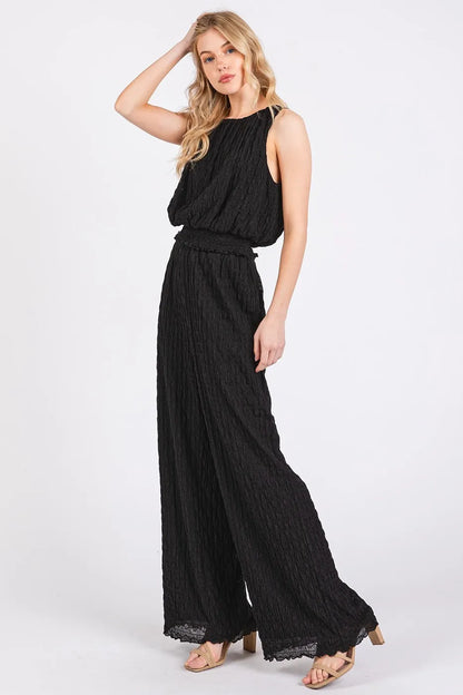 Black Mittoshop textured stretchy crop tank and pants set, featuring a comfortable, fitted design for casual or stylish wear.