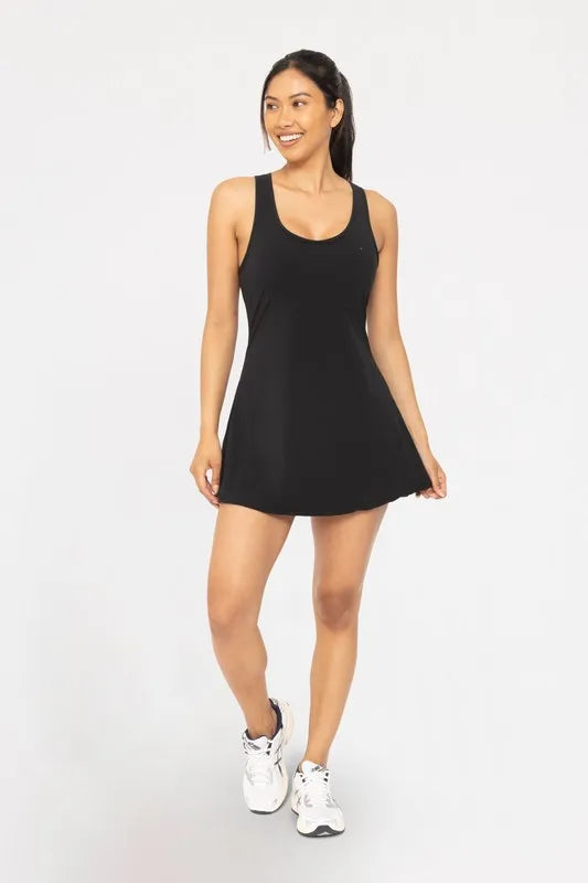 Black MONO B adjustable active A-line dress from Trendsi, featuring a fitted bodice and flowy skirt, perfect for active or casual wear.