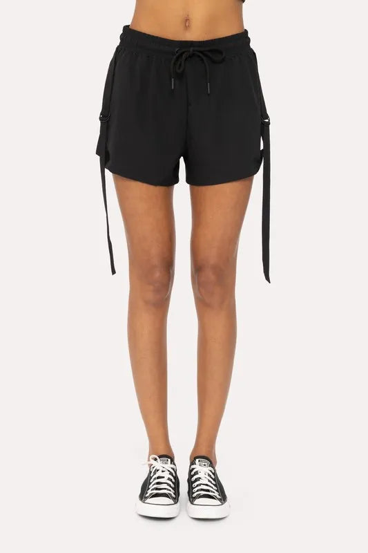 Black Mono B Flexstrap Ripstop Drawstring Shorts with adjustable waistband and durable ripstop fabric, styled for casual wear.