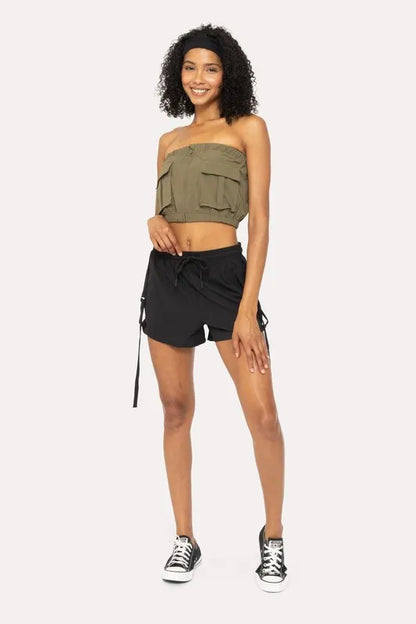 Black MONO B Flexstrap Ripstop Drawstring Shorts by Trendsi, showing the lightweight fabric and adjustable drawstring waist.