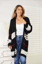 Black Perfee striped rib-knit drop shoulder open front cardigan with long sleeves and relaxed fit, from Trendsi.
