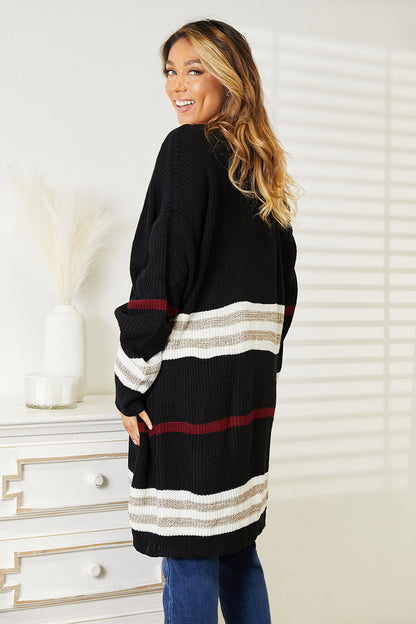 Black Perfee striped rib-knit drop shoulder open front cardigan by Trendsi, showing its cozy knit texture and relaxed fit.