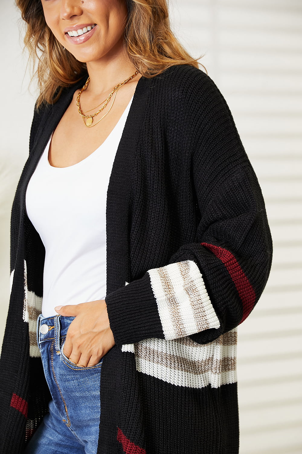 Black Perfee striped rib-knit drop shoulder open front cardigan with long sleeves and relaxed fit, stylish and cozy for everyday wear.