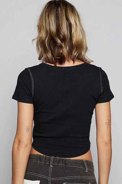 Black POL Contrast Stitching Round Neck Crop T-Shirt by Trendsi, shown with close-up of contrast stitching and cropped fit.