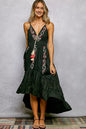Black POL embroidered detail tassel tie smocked waist midi tiered cami dress, featuring delicate embroidery and tiered design.