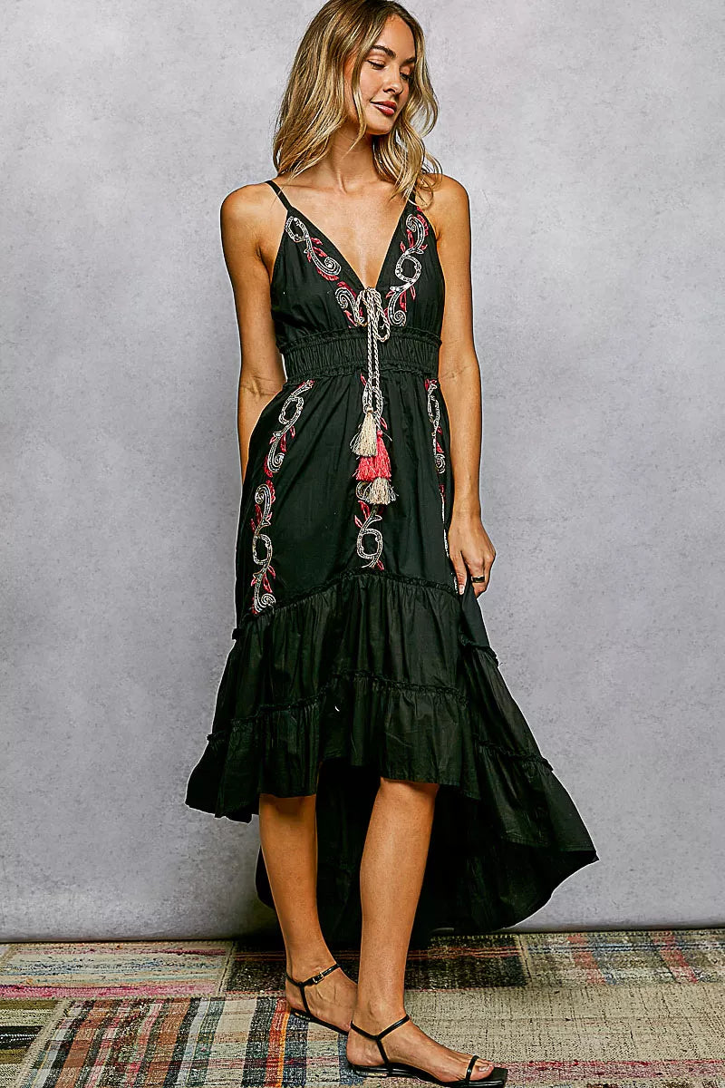 Black POL embroidered detail tassel tie smocked waist midi tiered cami dress by Trendsi, featuring embroidered accents and flowy tiered design.