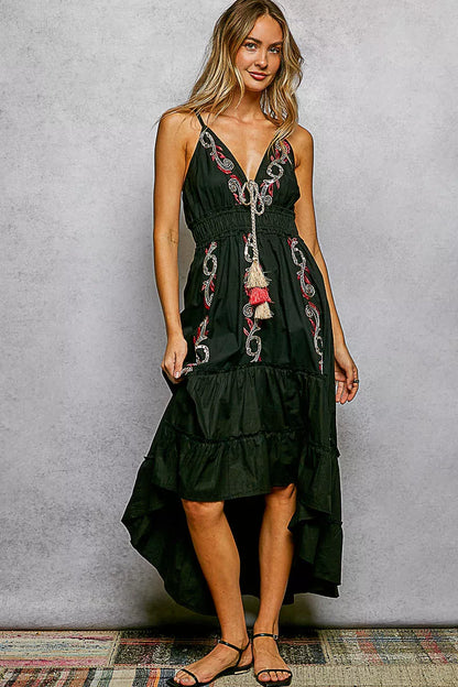 Black POL embroidered detail tassel tie smocked waist midi tiered cami dress by Trendsi, featuring embroidery and tiered design.
