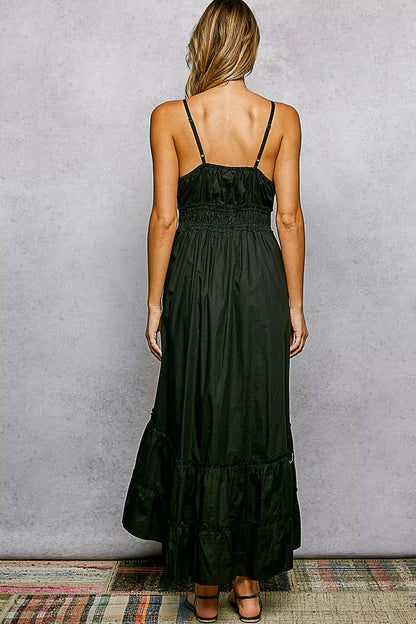 Black POL embroidered detail tassel tie smocked waist midi tiered camisole dress by Trendsi, featuring embroidered accents and tiered design.