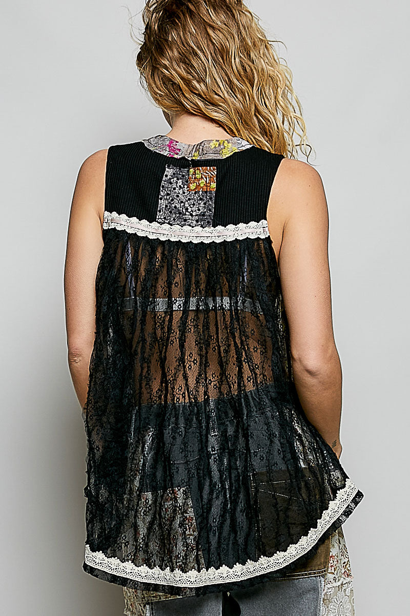 Black POL floral V-neck sheer tank top with lace trim, by Trendsi, featuring delicate lace details and lightweight, flowy fabric.