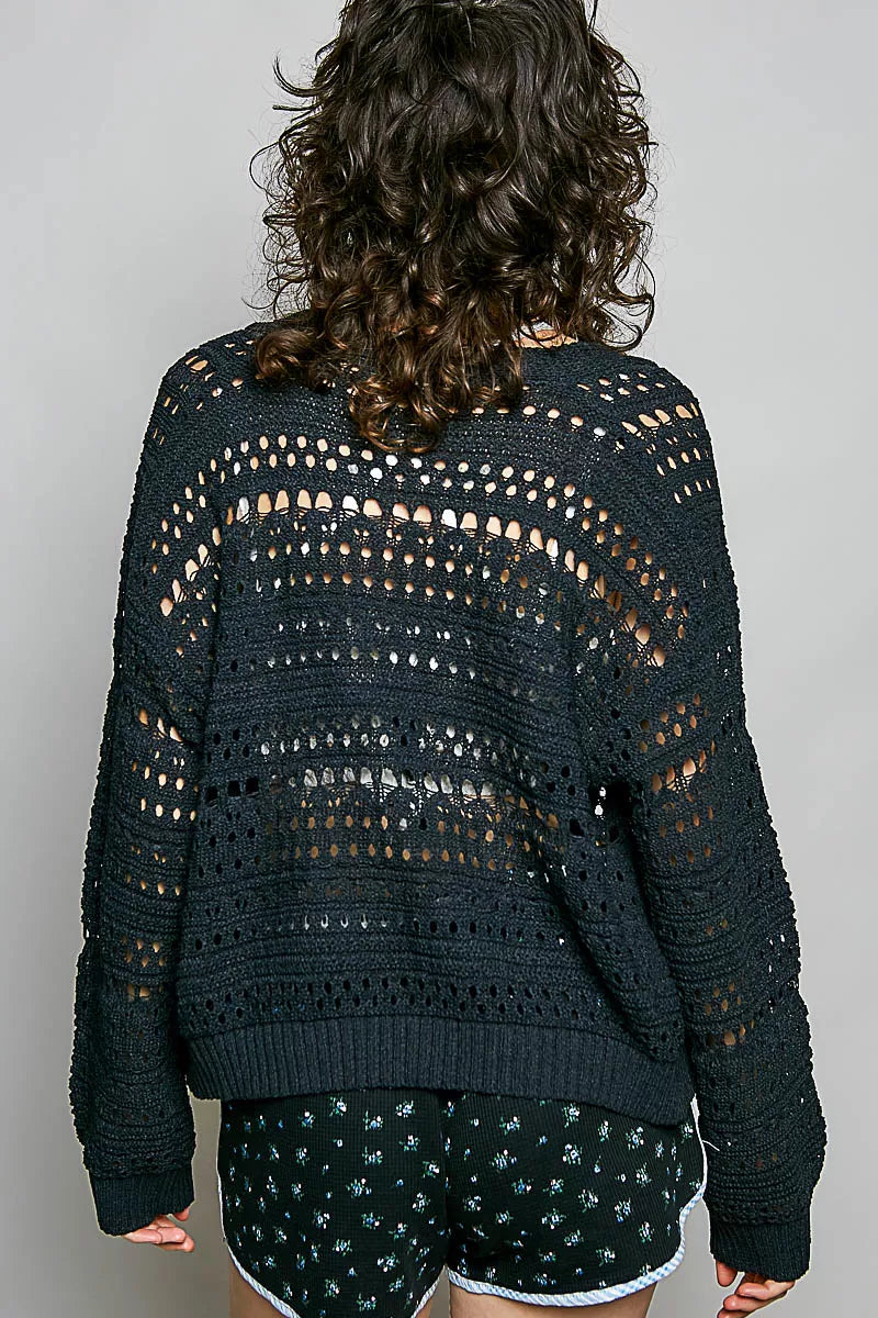 Black POL open-knit floral button cardigan by Trendsi, featuring a lightweight knit with floral pattern and button closure.