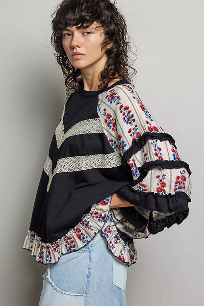 Black POL oversized knit top with round neck, half sleeves, contrast floral lace details, by Trendsi.