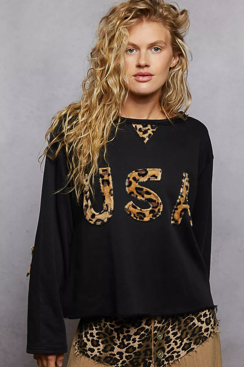 Black POL round neck long sleeve French terry sweatshirt by Trendsi with USA letter and animal patch detail.