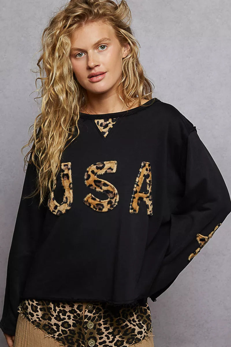 Black POL round neck long sleeve French terry sweatshirt with USA letter and animal patch, stylish Trendsi casual wear.
