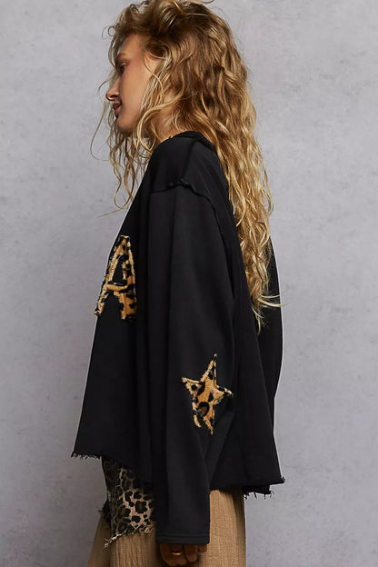 Black POL long sleeve French terry sweatshirt by Trendsi featuring a round neck and USA letter animal patch.