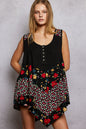 Black POL round neck ribbed tank top with woven print patch from Trendsi, showcasing the textured fabric and stylish patch detail.