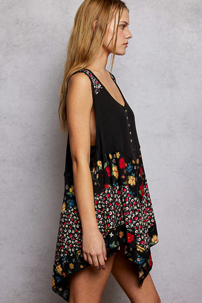 Black POL round neck ribbed tank top with woven print patch, stylish and fitted casual sleeveless top by Trendsi.