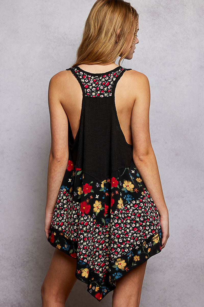 Black POL round neck ribbed tank top with woven print patch, stylish and comfortable for casual wear.