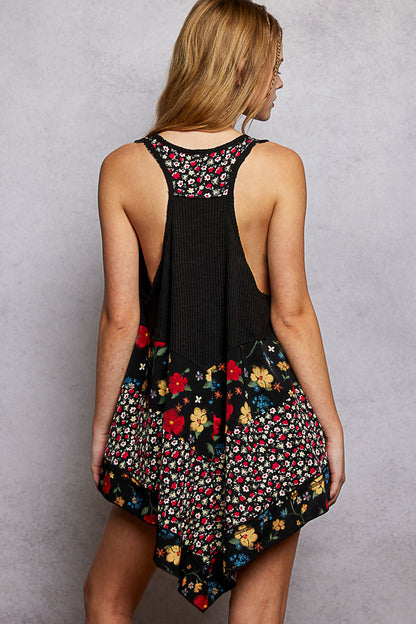 Black POL round neck ribbed tank top with woven print patch, stylish and comfortable for casual wear.