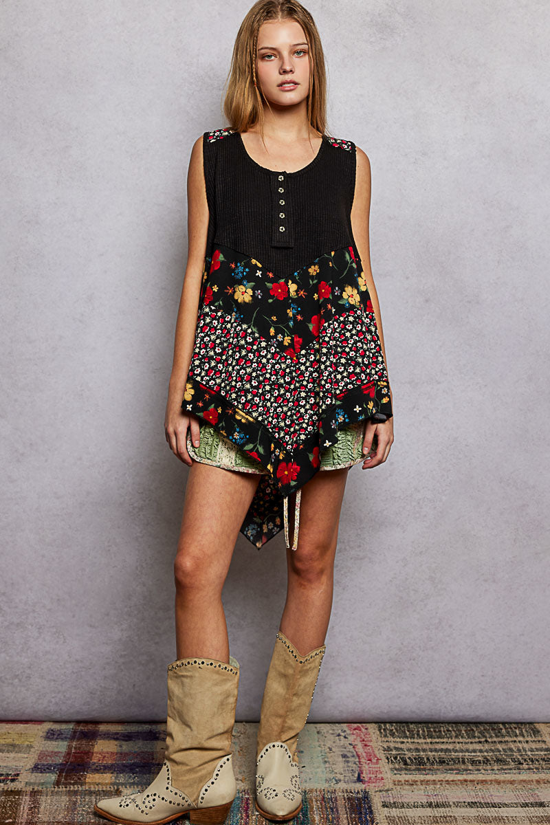 Black POL round neck ribbed tank top with woven print patch, stylish and fitted for casual wear.