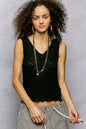 Black POL textured knit V-neck tank top with lace trim, designed by Trendsi, featuring a stylish and comfortable sleeveless fit.