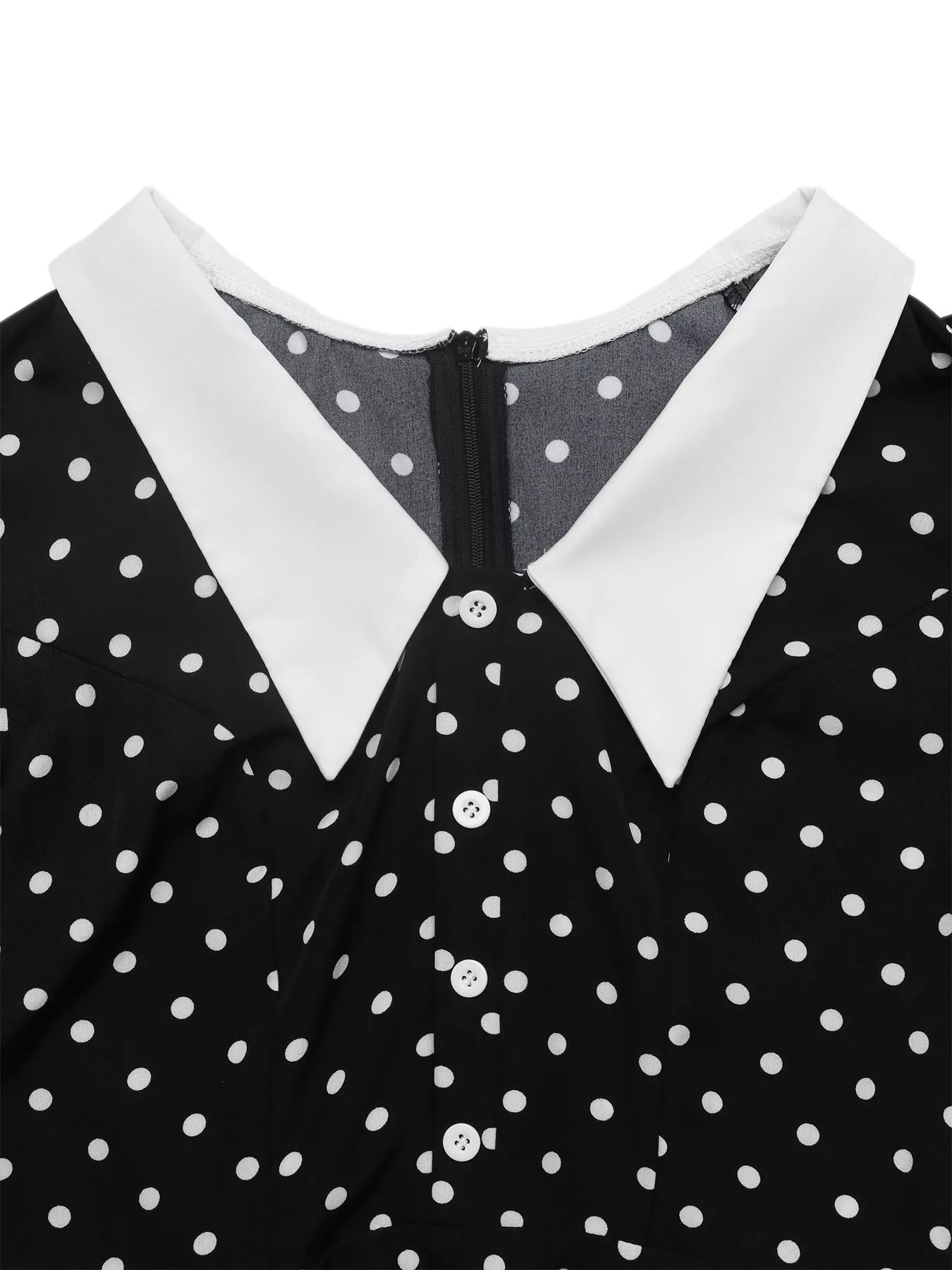Black polka dot Peter Pan collar dress from Trendsi, featuring a fitted bodice and flared skirt, perfect for casual or semi-formal wear.