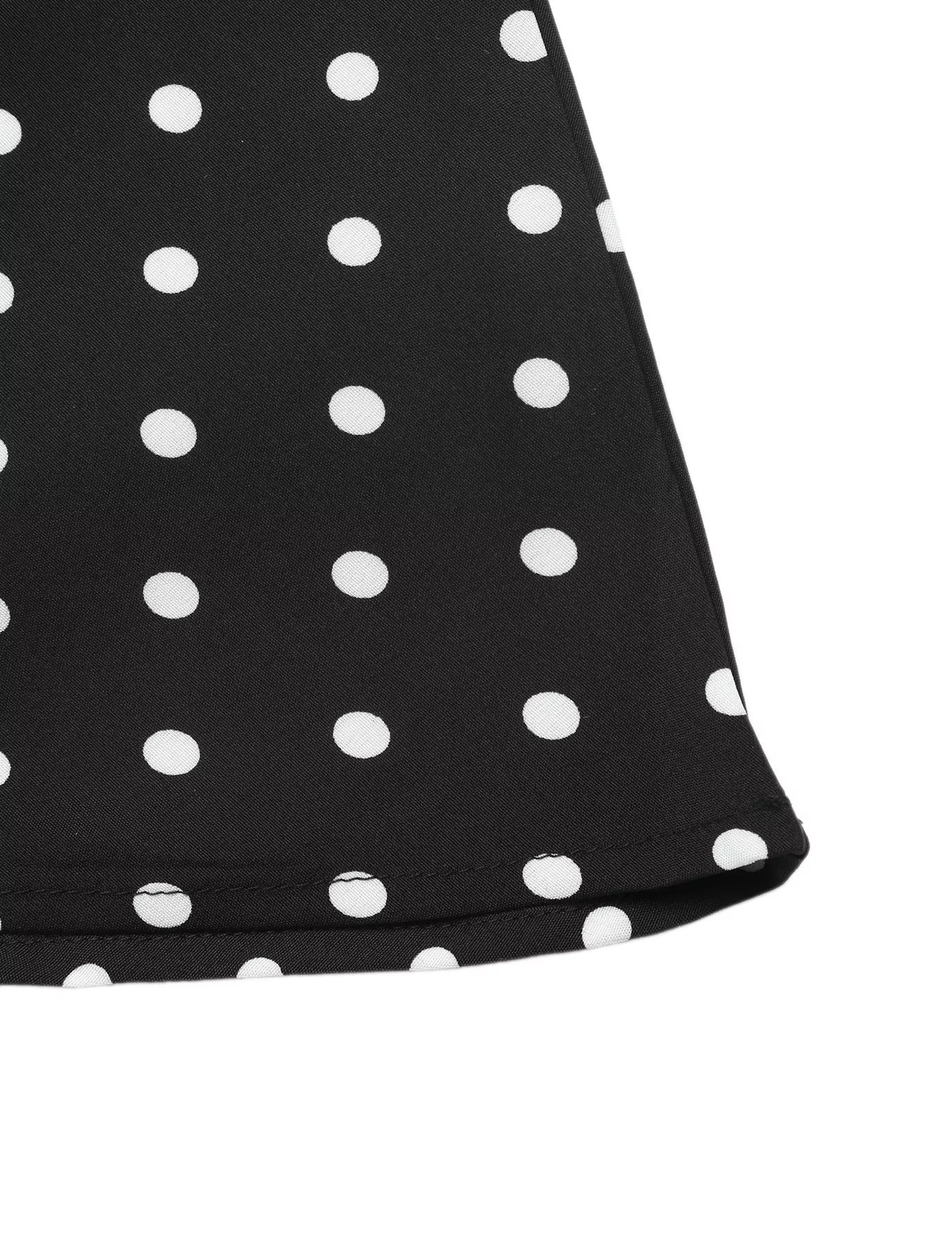 Black polka dot Peter Pan collar dress from Trendsi featuring a classic design and short sleeves, perfect for casual or semi-formal wear.